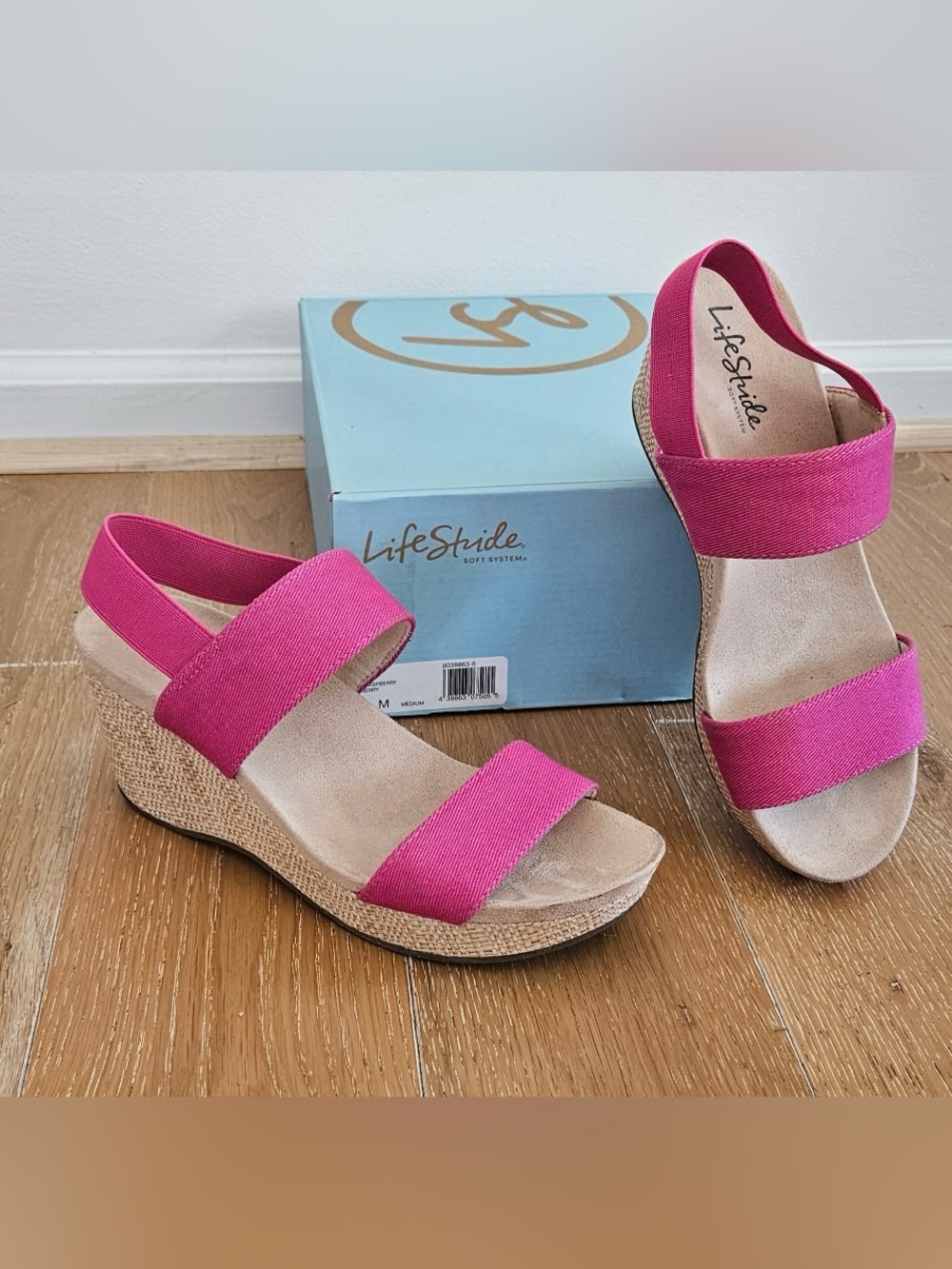 Life Stride Hot Pink Elastic Strap Wedge Sandals